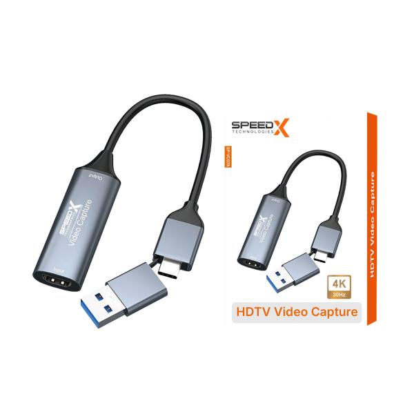 Speed-X HU-04A grey aluminum video capture card with dual USB-A and Type-C connectors for 1080P 60Hz streaming
