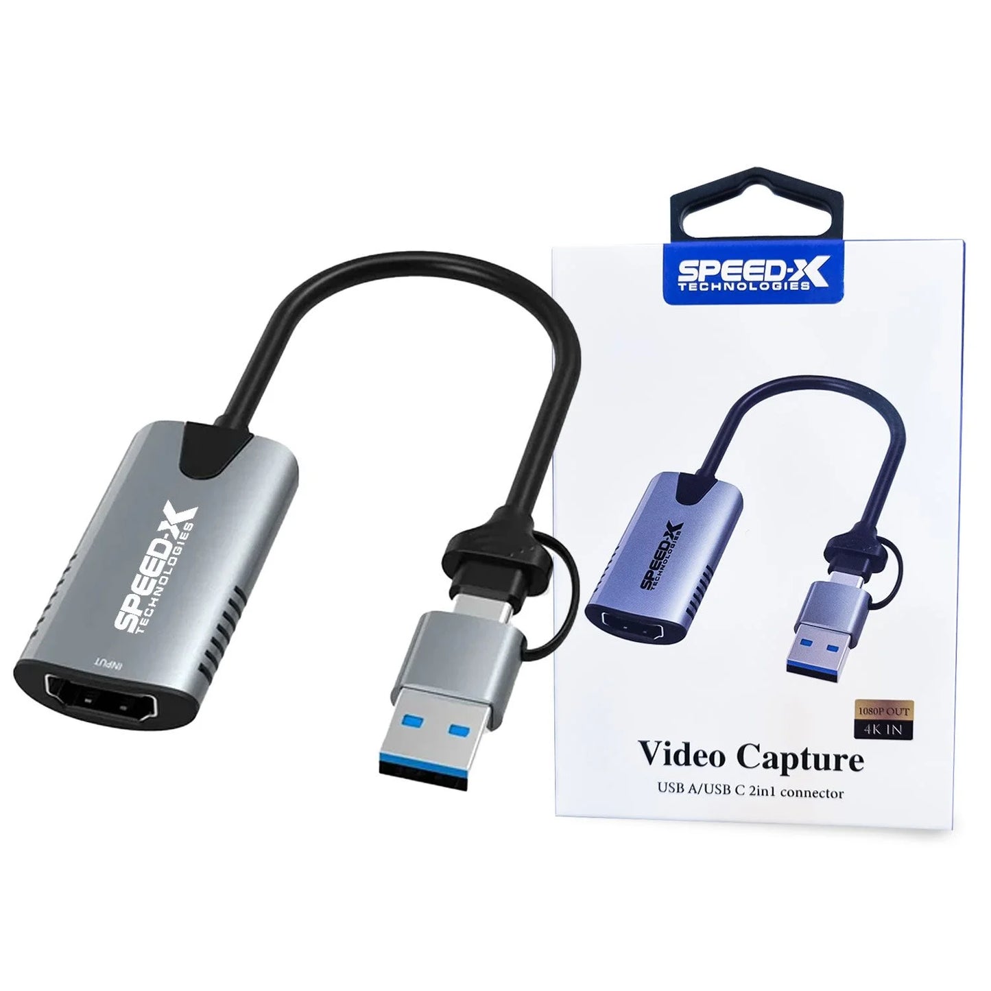 Speed-X HU-04A grey aluminum video capture card with dual USB-A and Type-C connectors for 1080P 60Hz streaming