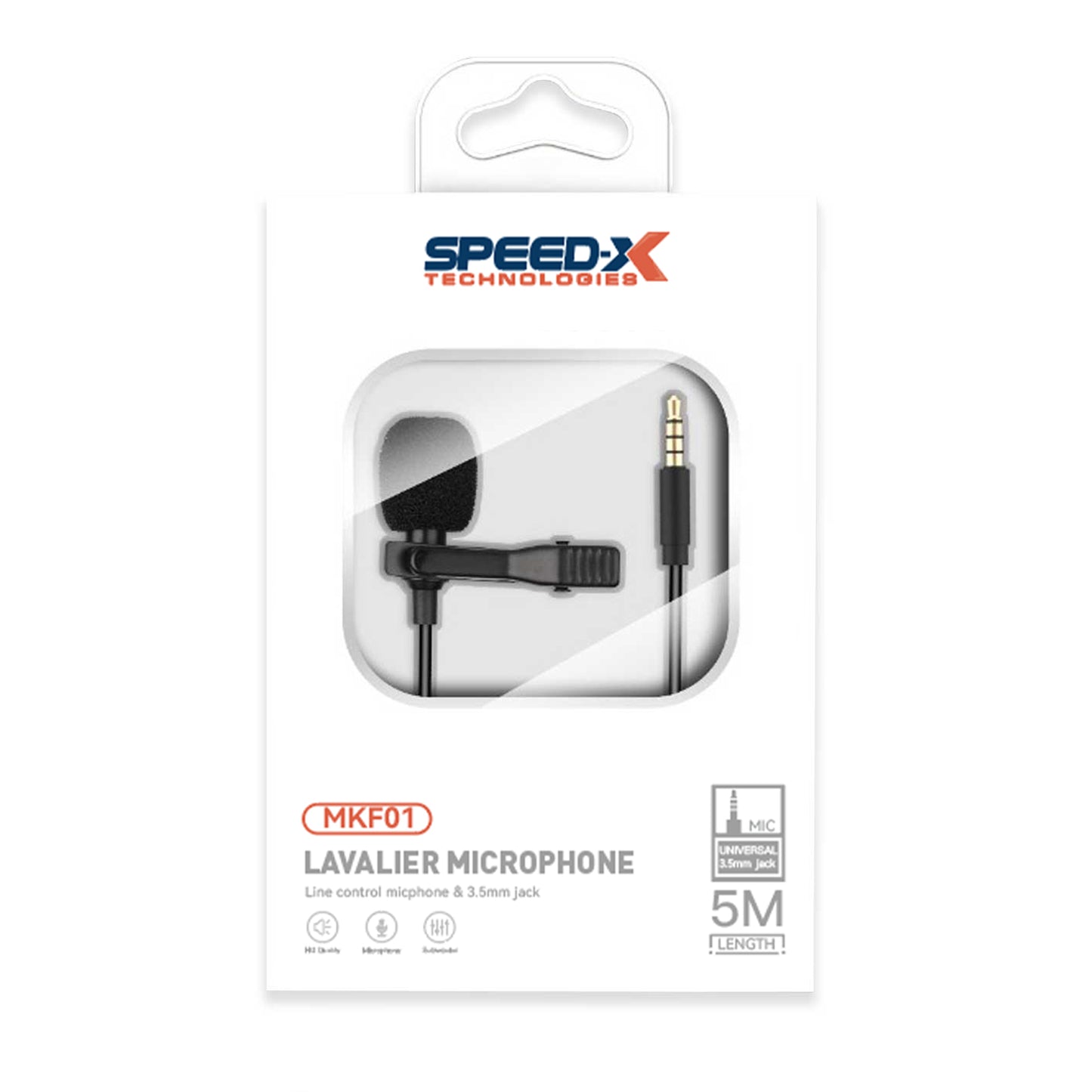 Speed-X MKF01 black lavalier microphone with 5-meter extra-long cable and 3.5mm AUX jack for smartphones and cameras