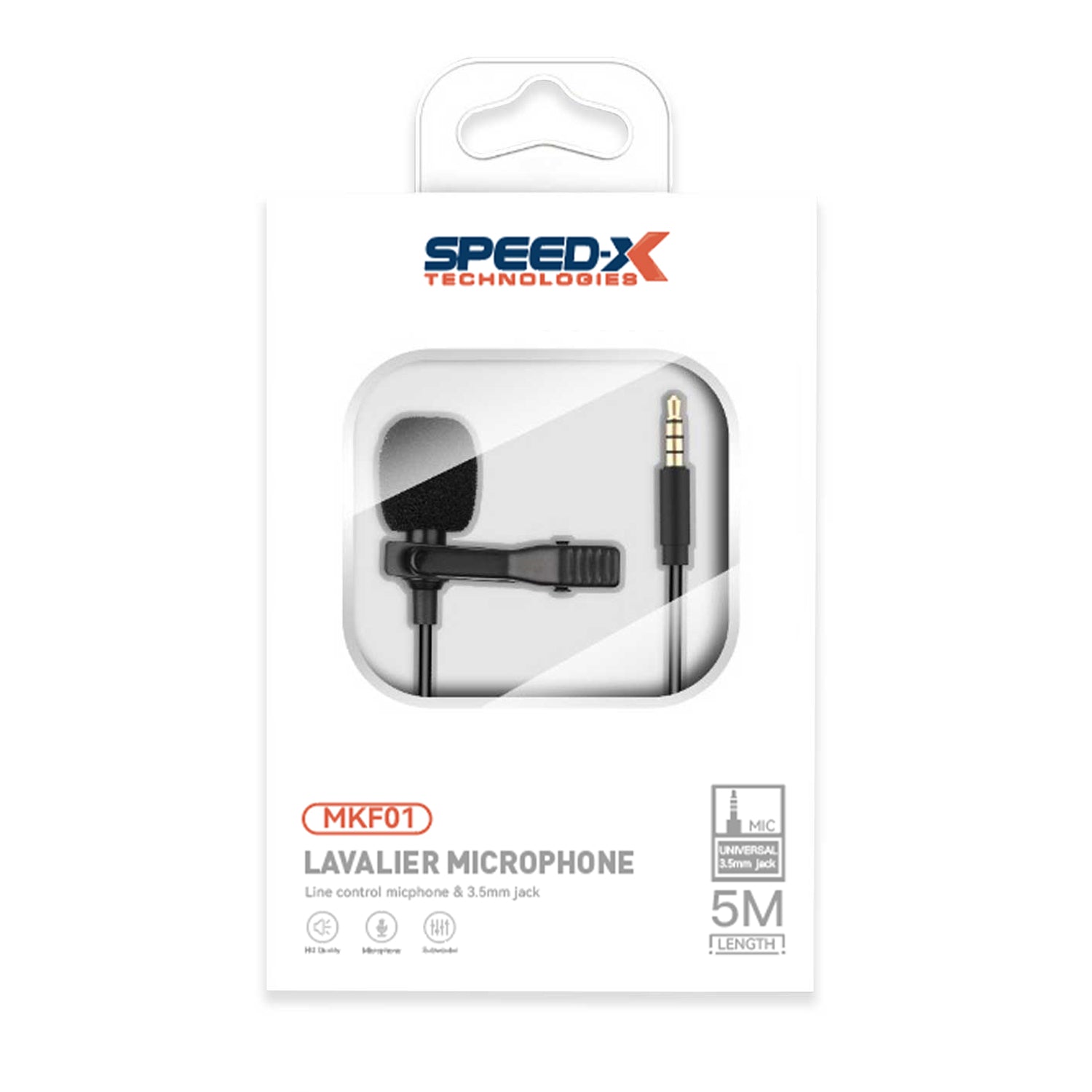 Speed-X MKF01 black lavalier microphone with 5-meter extra-long cable and 3.5mm AUX jack for smartphones and cameras