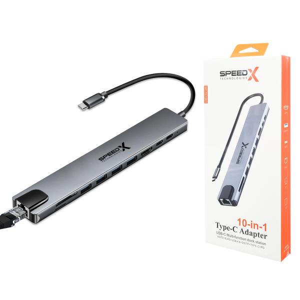 Speed-X SP-TC1001 10-in-1 Type-C converter with Gigabit Ethernet, 100W PD charging, and 4K HDMI support