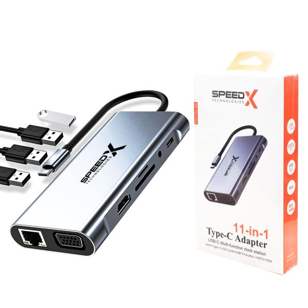 Speed-X SP-TC1101 11-in-1 multi-port Type-C converter with 4K HDMI, VGA, Ethernet, and 100W PD charging