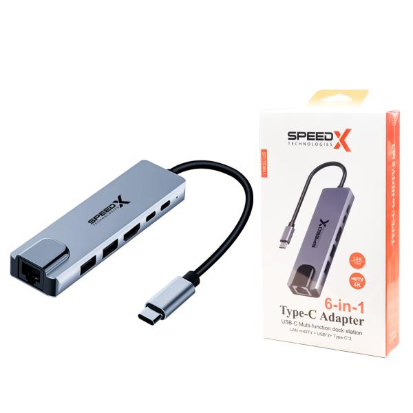 Speed-X SP-TC601 6-in-1 Type-C multi-port converter with 4K HDMI, Gigabit Ethernet, and 87W PD charging