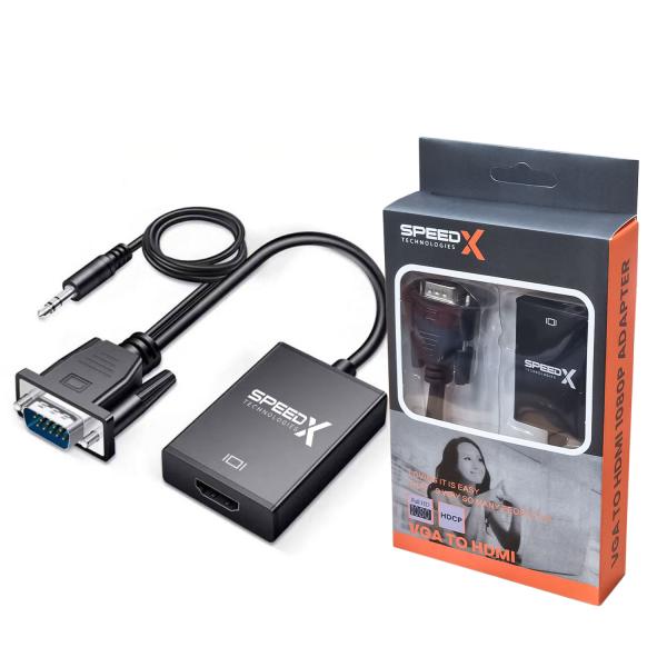 Speed-X SP-VH108 VGA to HDMI converter cable with 3.5mm audio jack and USB power for PC and Laptop
