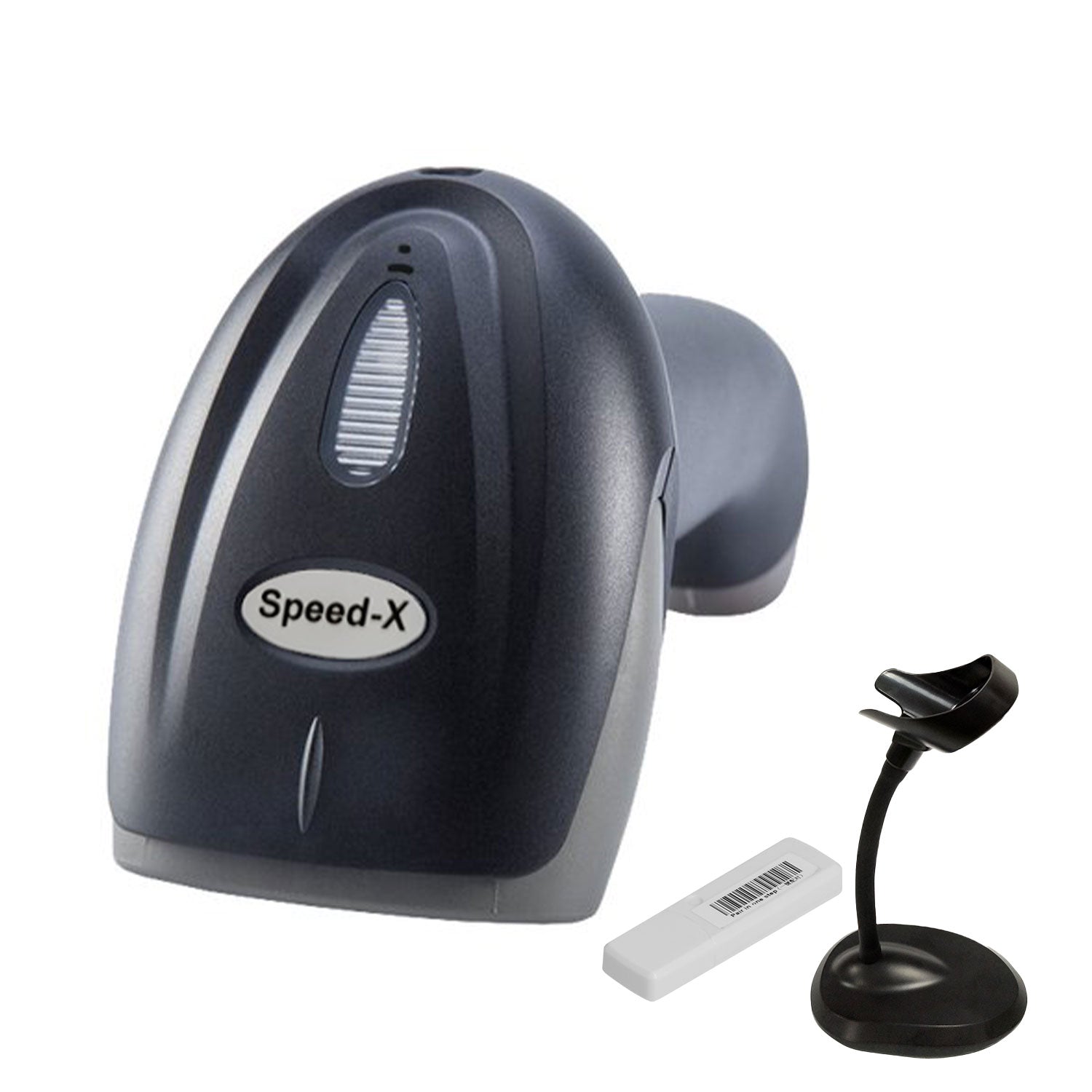 Speed-X 60D wireless 2D barcode scanner with stand, 2.4GHz connectivity, and 1500mAh lithium battery for retail and inventory