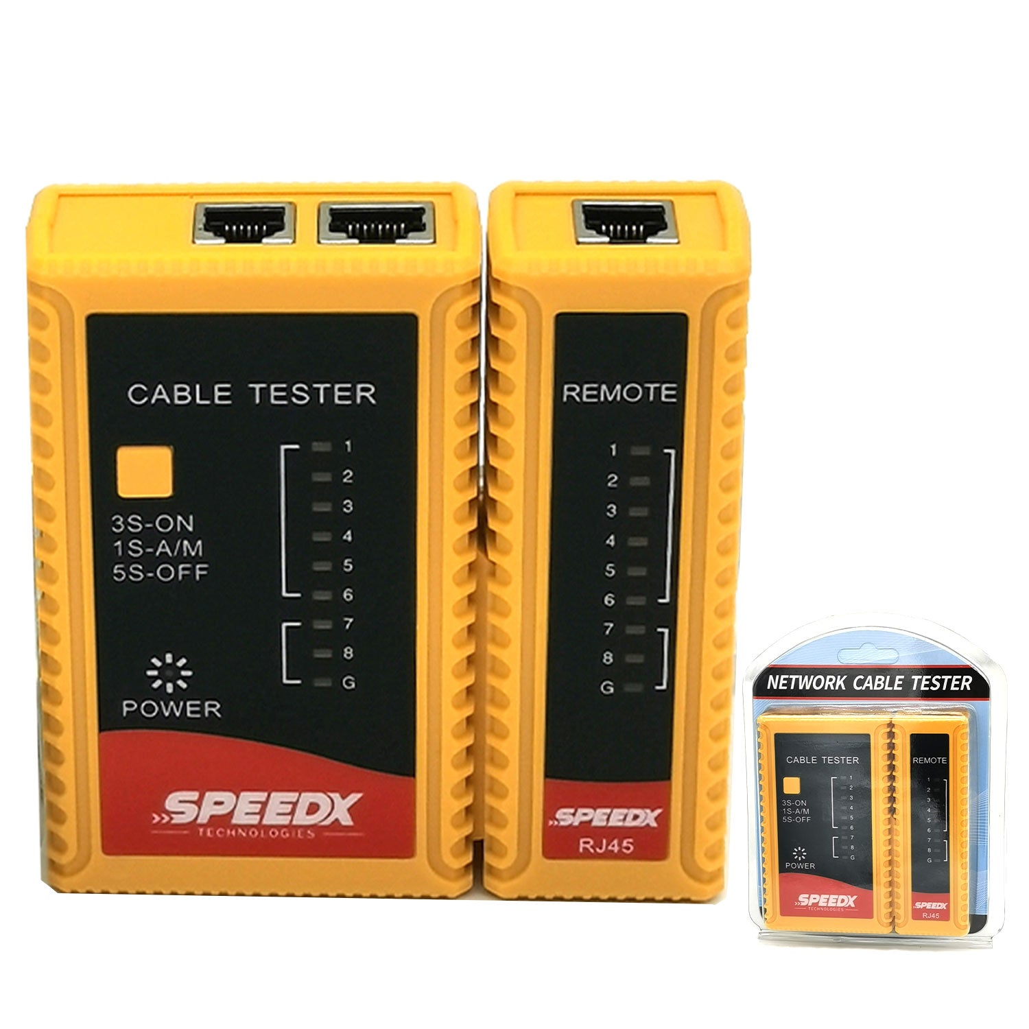 Speedx 368A power monitor and cable line checker featuring dual-unit setup, IPS color screen, and LED fault indicator lights