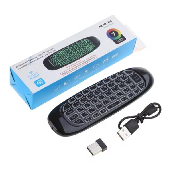 Speedx C120 Rgb 7 Backlight Air Mouse with wireless Qwerty keyboard, 6-axis motion sensing, and rechargeable battery for Smart Tv.