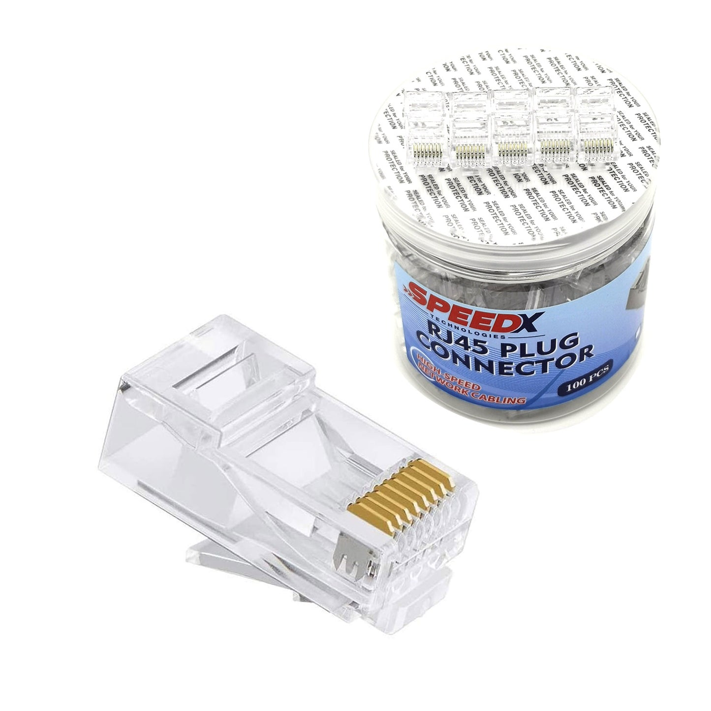 Speedx 100-pack Cat6 UTP RJ45 unshielded connectors featuring high-elasticity locking clips and transparent plastic body in a bottle pack