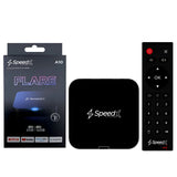 SpeedX Flare A10 4K smart TV box highlighting its compact square media player casing, integrated USB port, rear HD and AV output pins, and included IR remote control infrastructure