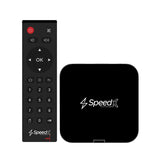 SpeedX Flare A10 4K smart TV box highlighting its compact square media player casing, integrated USB port, rear HD and AV output pins, and included IR remote control infrastructure