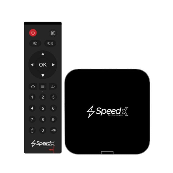 SpeedX Flare A10 4K smart TV box highlighting its compact square media player casing, integrated USB port, rear HD and AV output pins, and included IR remote control infrastructure