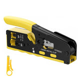 Speedx HT-718 professional Cat7 RJ45 pass-through crimping tool featuring built-in wire cutter, dovetail clip clamp, and cable stripper