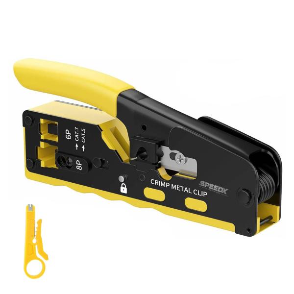 Speedx HT-718 professional Cat7 RJ45 pass-through crimping tool featuring built-in wire cutter, dovetail clip clamp, and cable stripper