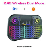 SpeedX i10 mini dual-mode wireless and Bluetooth handheld keyboard highlighting its 92-key silicon layout, integrated multi-gesture touchpad, 7-color glowing backlighting grid, and compact plastic shell housing