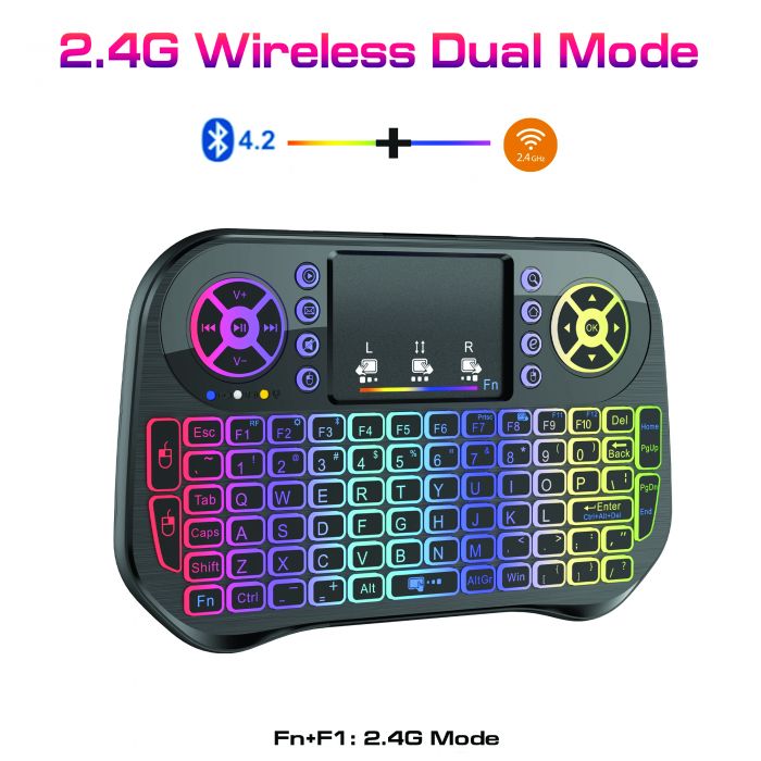 SpeedX i10 mini dual-mode wireless and Bluetooth handheld keyboard highlighting its 92-key silicon layout, integrated multi-gesture touchpad, 7-color glowing backlighting grid, and compact plastic shell housing