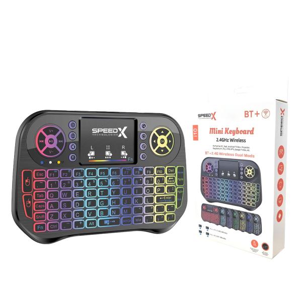SpeedX i10 mini dual-mode wireless and Bluetooth handheld keyboard highlighting its 92-key silicon layout, integrated multi-gesture touchpad, 7-color glowing backlighting grid, and compact plastic shell housing