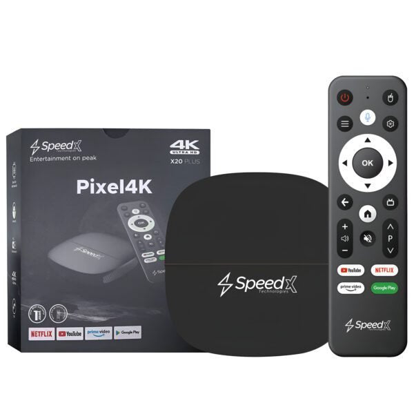 SpeedX Pixel4K X20 Plus 4K smart TV box displaying its compact media player hub, dual USB storage host ports, TF card expansion slot, and the voice control air mouse remote controller asset