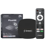 SpeedX Pixel4K X20 Plus 4K smart TV box displaying its compact media player hub, dual USB storage host ports, TF card expansion slot, and the voice control air mouse remote controller asset