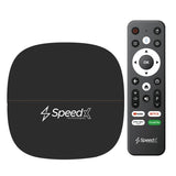 SpeedX Pixel4K X20 Plus 4K smart TV box displaying its compact media player hub, dual USB storage host ports, TF card expansion slot, and the voice control air mouse remote controller asset