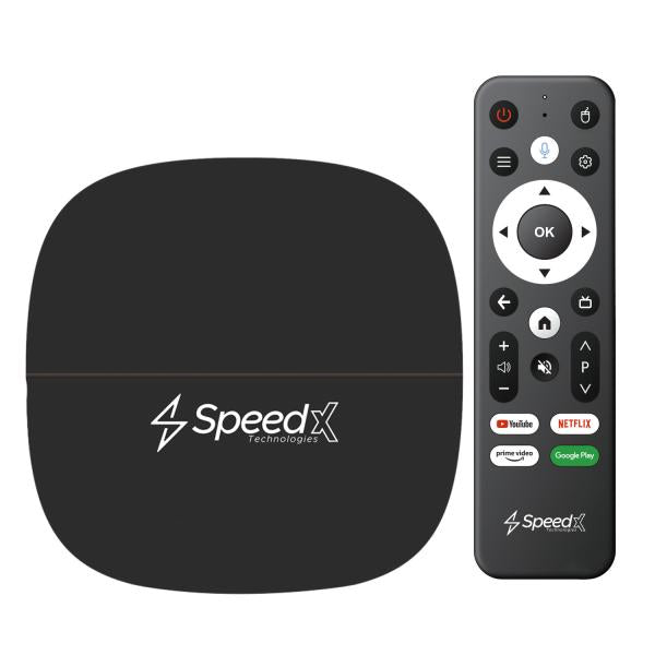 SpeedX Pixel4K X20 Plus 4K smart TV box displaying its compact media player hub, dual USB storage host ports, TF card expansion slot, and the voice control air mouse remote controller asset