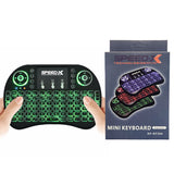 SpeedX RF 500 mini wireless handheld keyboard controller highlighting its 92-key alphanumeric layout, top multimedia control array, integrated 90-degree flip tracking touchpad, and compact lightweight profile