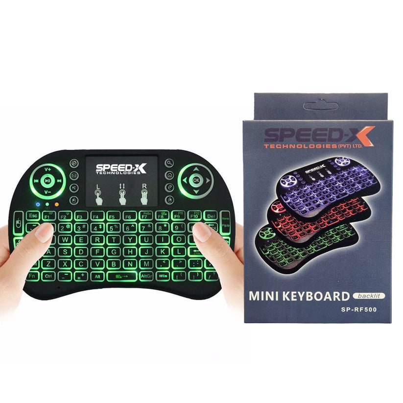 SpeedX RF 500 mini wireless handheld keyboard controller highlighting its 92-key alphanumeric layout, top multimedia control array, integrated 90-degree flip tracking touchpad, and compact lightweight profile