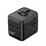 SpeedX SP-TCW02 global travel adapter showcasing its 25W PD multi-port interface including dual USB-C slots, single USB-A bay, and dual integrated AC wall outlets