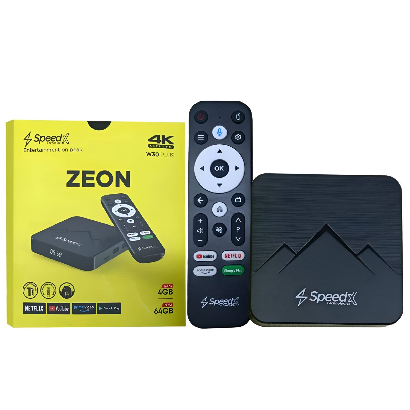 SpeedX W30 Plus Zeon 4K smart TV box displaying its high-tier media hub chassis, triple USB host ports, TF card expansion bay, rear interface terminals, and its premium Bluetooth voice control air mouse