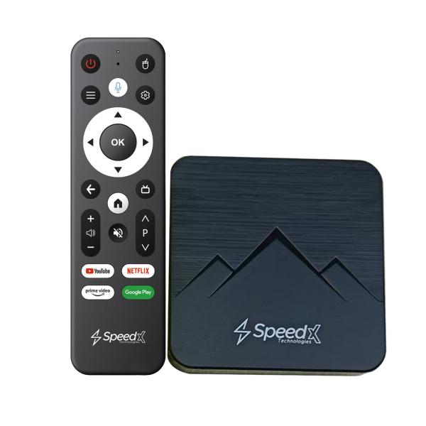 SpeedX W30 Plus Zeon 4K smart TV box displaying its high-tier media hub chassis, triple USB host ports, TF card expansion bay, rear interface terminals, and its premium Bluetooth voice control air mouse