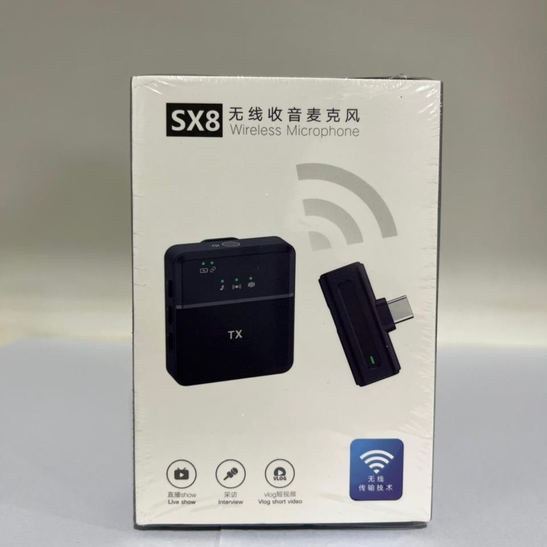 SX8 single professional wireless lavalier microphone showing its ultra-mini 21g lapel transmitter, dual interface Type-C/iPhone receiver, and collar clip