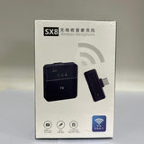SX8 single professional wireless lavalier microphone showing its ultra-mini 21g lapel transmitter, dual interface Type-C/iPhone receiver, and collar clip