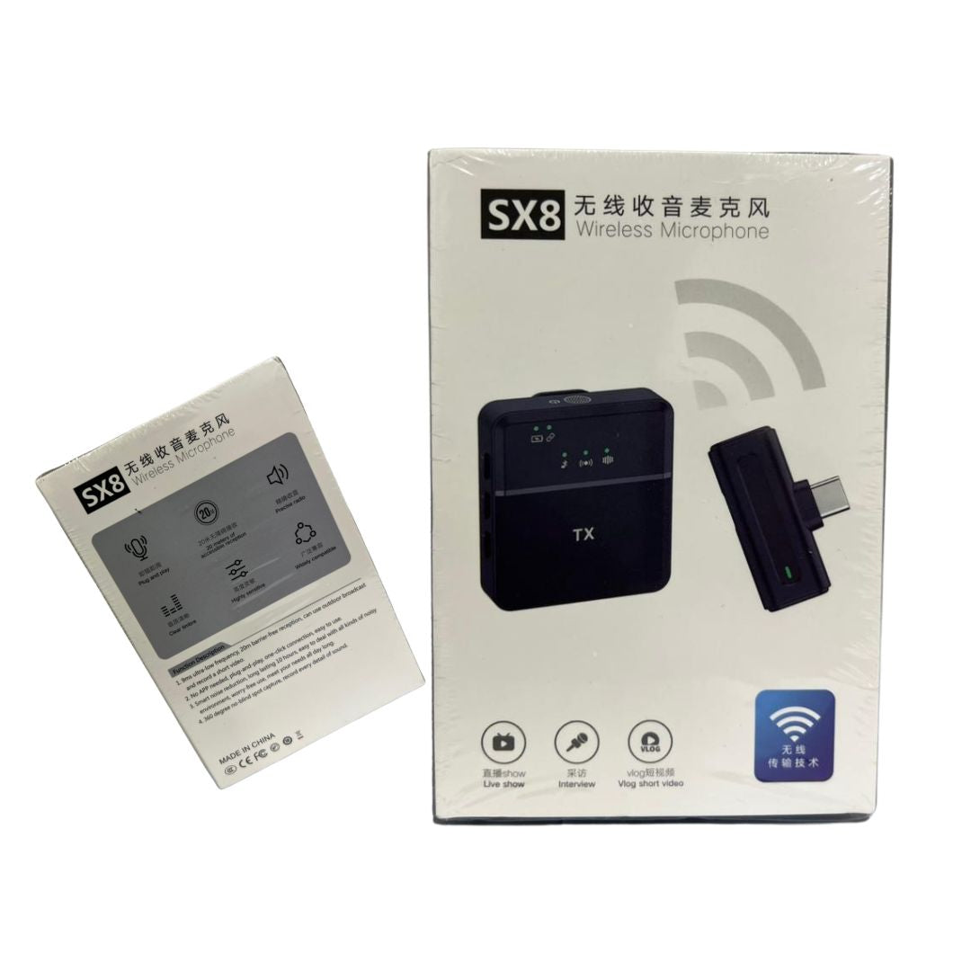 SX8 single professional wireless lavalier microphone showing its ultra-mini 21g lapel transmitter, dual interface Type-C/iPhone receiver, and collar clip