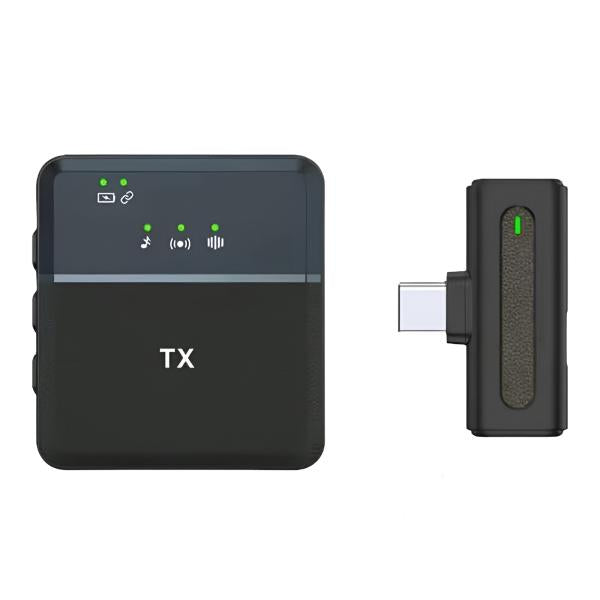 SX8 single professional wireless lavalier microphone showing its ultra-mini 21g lapel transmitter, dual interface Type-C/iPhone receiver, and collar clip