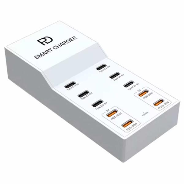 T8+ Smart Intelligence 10-Port USB-C Charger with 72W total output, PD fast charging, and PPS support for multi-device power management