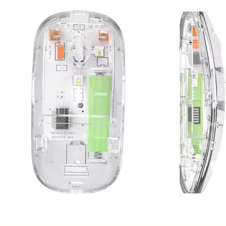 Transparent dual-mode wireless mouse with Bluetooth, rechargeable battery, and 1600 DPI precision for professional and office use