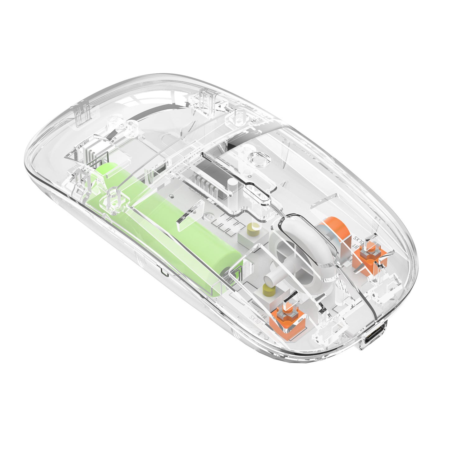 Transparent dual-mode wireless mouse with Bluetooth, rechargeable battery, and 1600 DPI precision for professional and office use