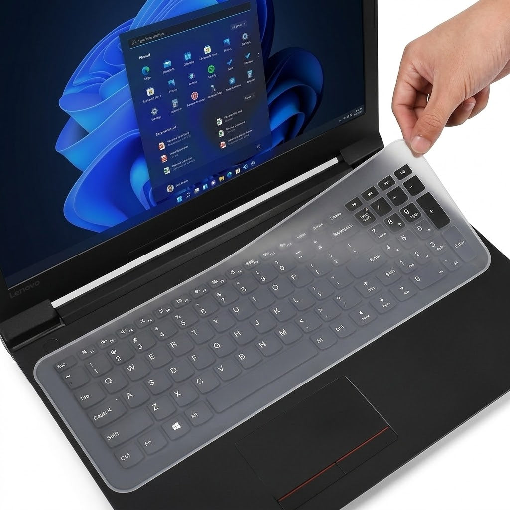 A transparent protective keyboard skin being held by a hand and placed over the keyboard of an open black laptop on a white background.