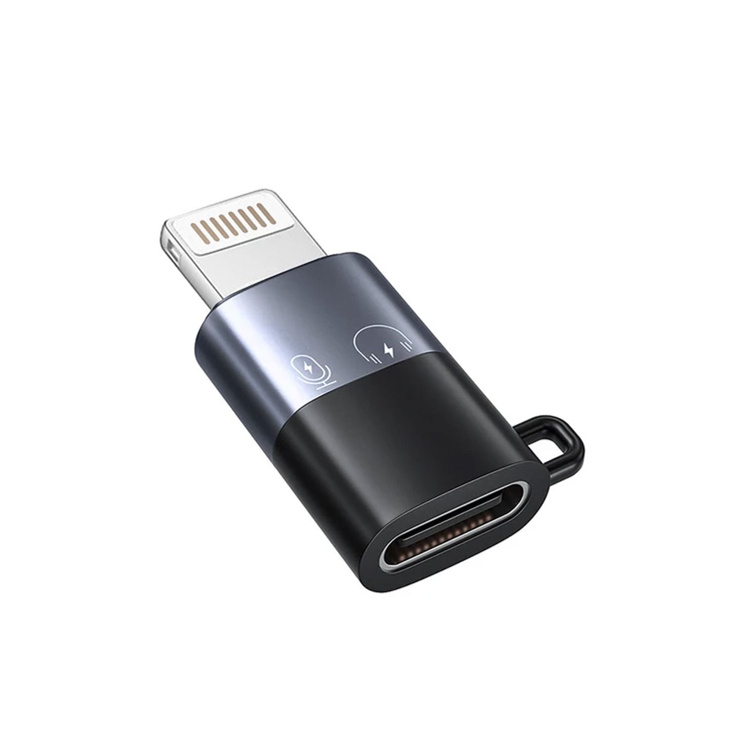 Type-C to Lightning OTG audio adapter dongle highlighting its high-conductivity male Lightning interface terminal, precision female Type-C connector port, and compact solid-state chassis