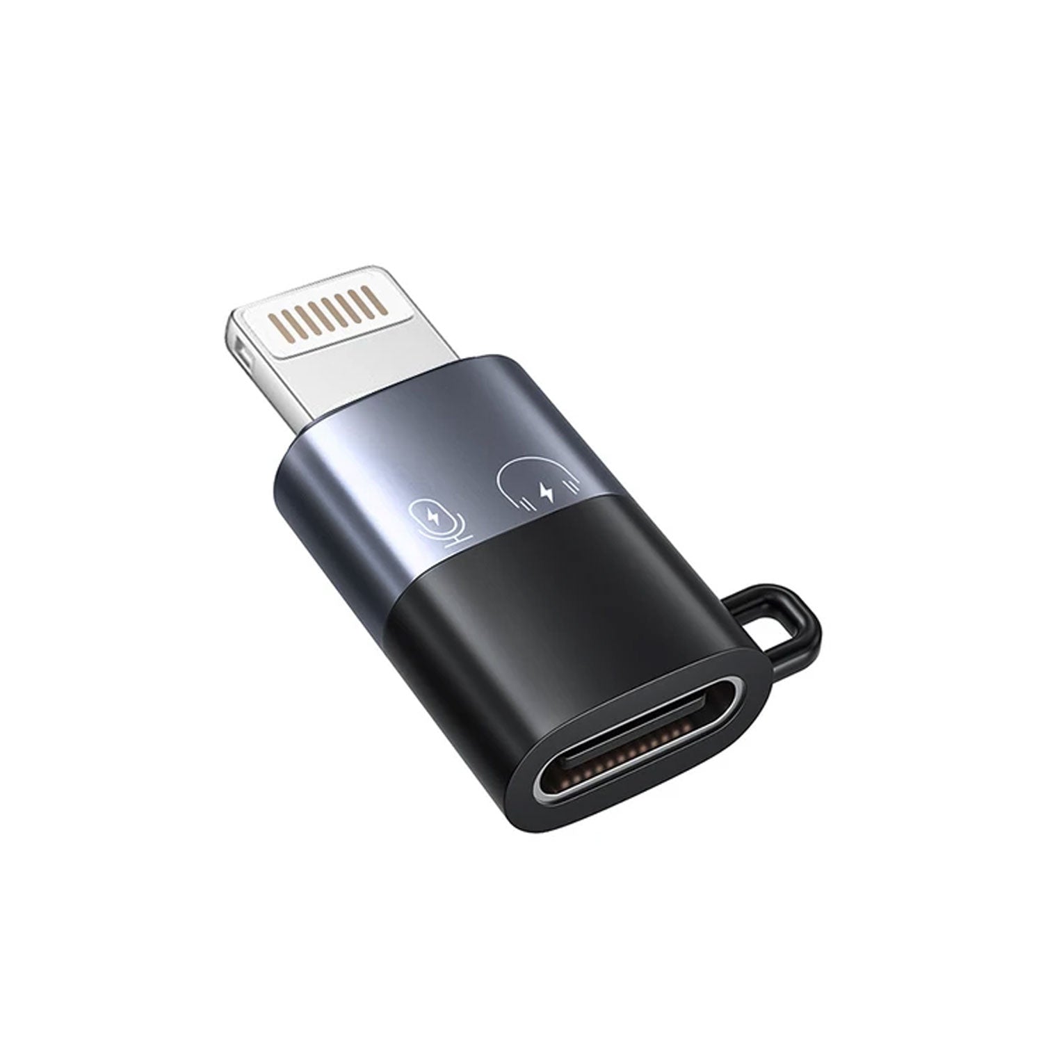 Type-C to Lightning OTG audio adapter dongle highlighting its high-conductivity male Lightning interface terminal, precision female Type-C connector port, and compact solid-state chassis