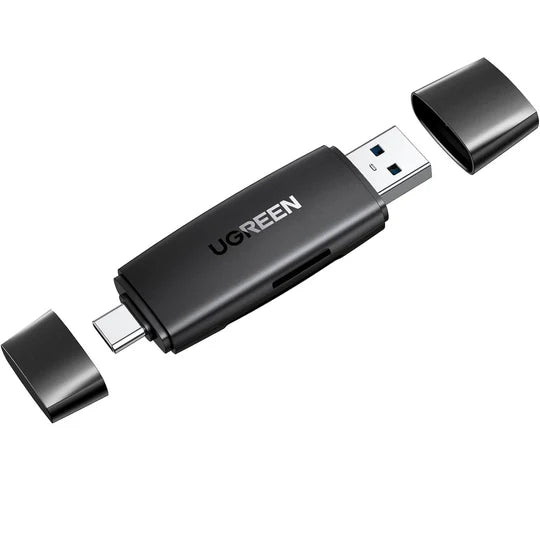 UGREEN CM304 black 2-in-1 dual-slot USB 3.0 high-speed SD and MicroSD memory card reader with protective cap.