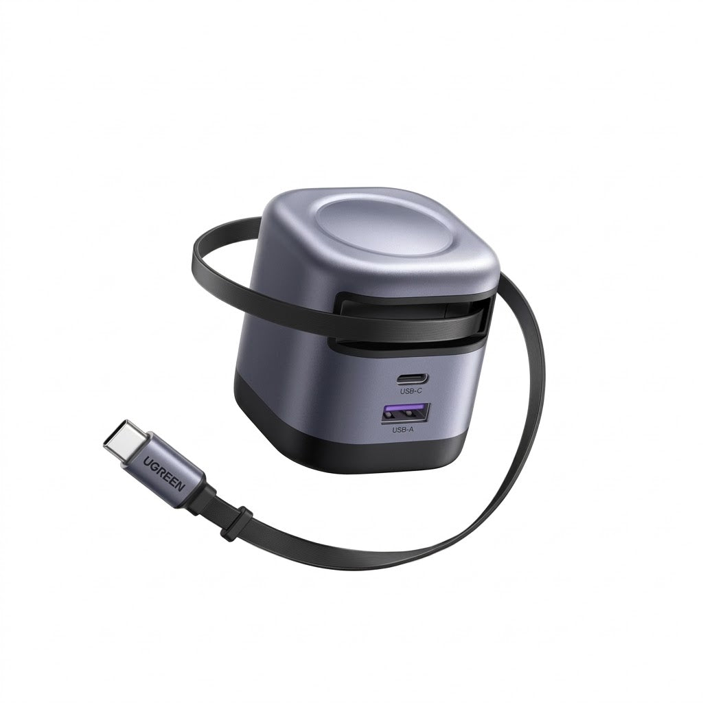 UGREEN 45865 45W 2C1A GaN multi-port fast wall charger with built-in retractable USB-C cable and folding plug prongs