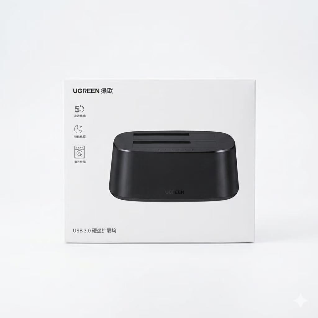 UGREEN CM198 dual-disk vertical SATA III hard drive docking station with offline clone function buttons and percentage LED arrays