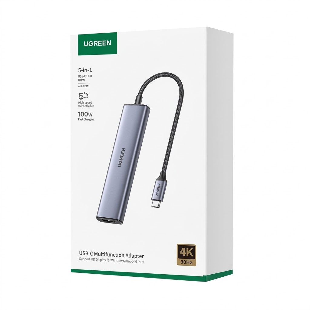UGREEN CM478 5-in-1 multi-port USB-C expansion hub with high-definition 4K 60Hz HDMI output, 100W PD port, and three USB 2.0 slots
