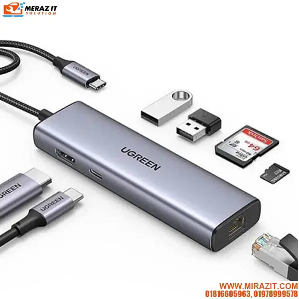 UGREEN CM512 6-in-1 multi-port USB-C adapter with 4K HDMI, Gigabit RJ45 Ethernet port, 100W PD charging, and three USB 3.0 ports