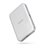 UGREEN D619 MagSafe magnetic M.2 NVMe USB-C 10Gbps portable external SSD enclosure hard drive box attached to a phone.