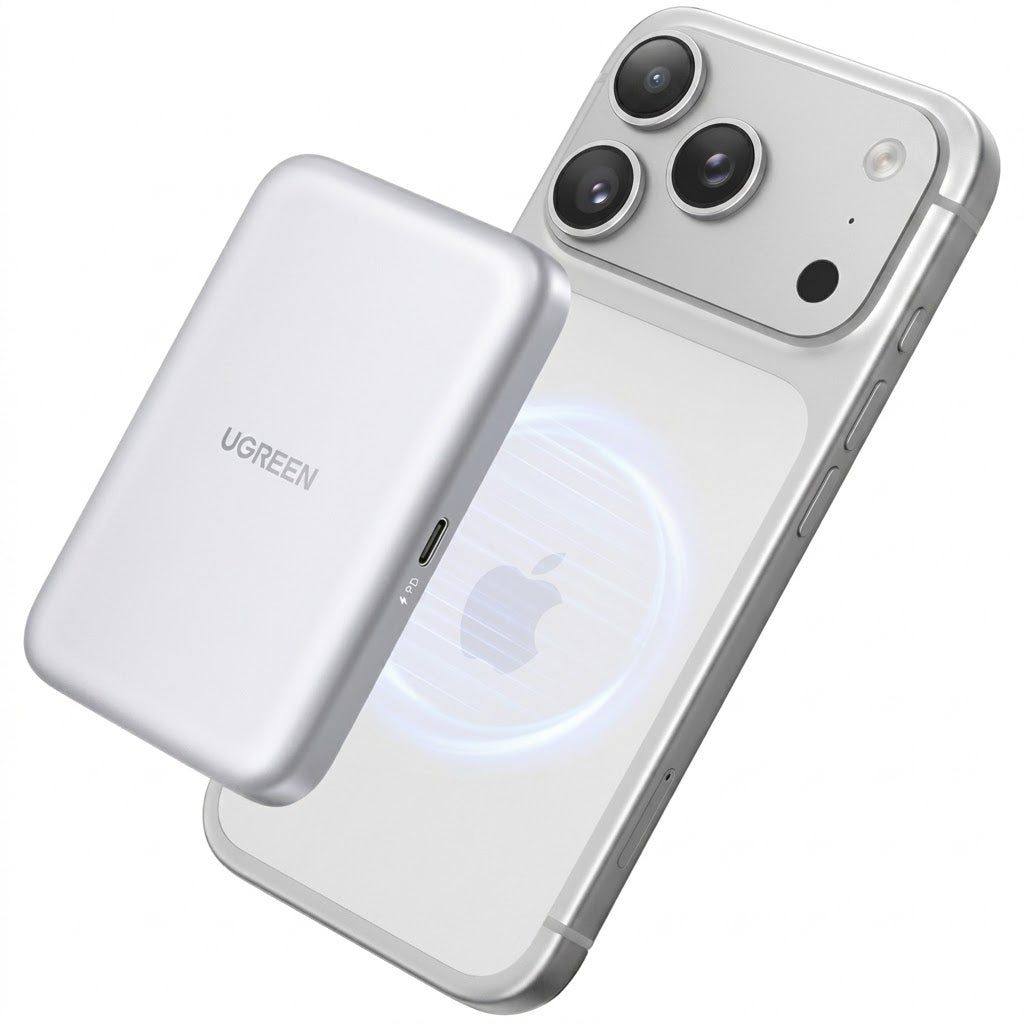 UGREEN D619 MagSafe magnetic M.2 NVMe USB-C 10Gbps portable external SSD enclosure hard drive box attached to a phone