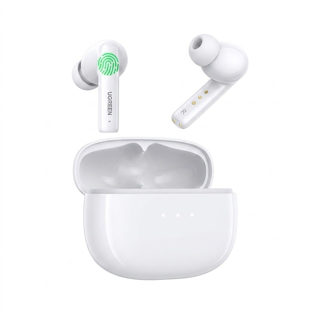 UGREEN HiTune T3 Pro white true wireless active noise cancelling earbuds with matching charging case