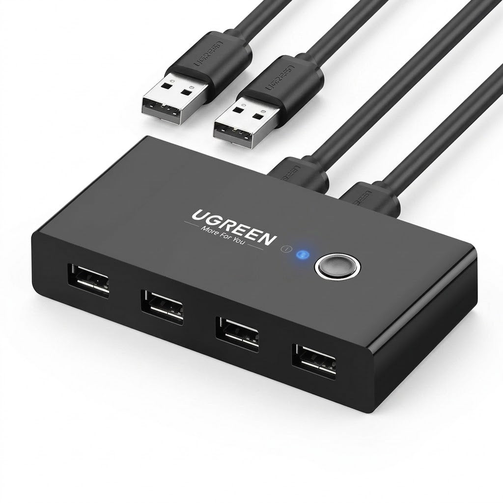 UGREEN US216 USB 2.0 2-In 4-Output sharing switcher box with central select button and LED indicators