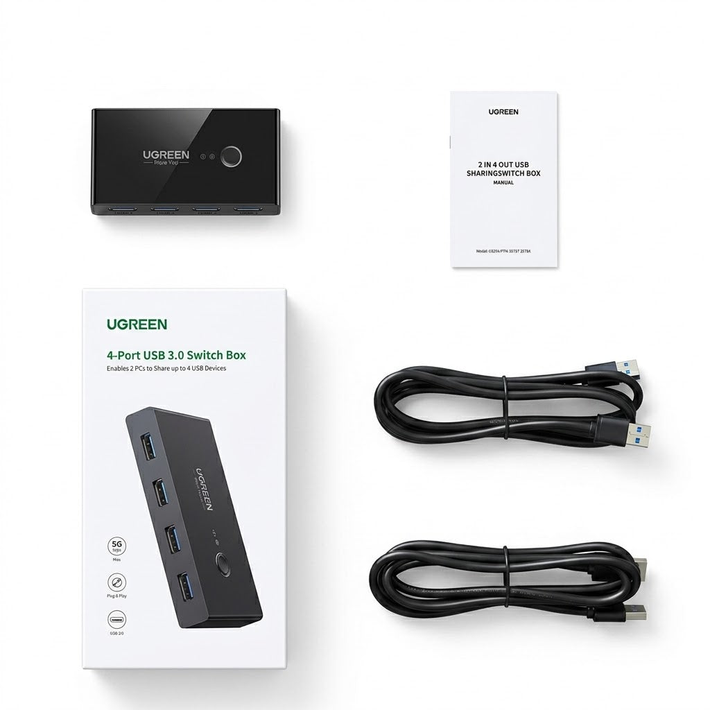 UGREEN 30768 USB 3.0 2-In 4-Output peripheral sharing switcher box with 2-pack premium male cables
