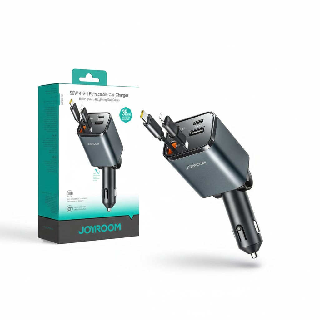 Joyroom JR-CCL05 50W 4-in-1 Retractable Car Charger-Dark Grey